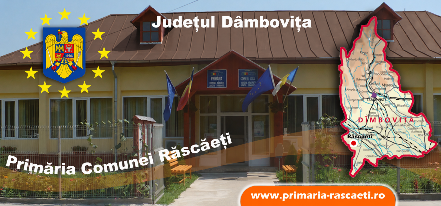 Primăria Comunei Răscăeți, cu acoperiș maro – imagine retușată, cu stema, harta și textele originale.